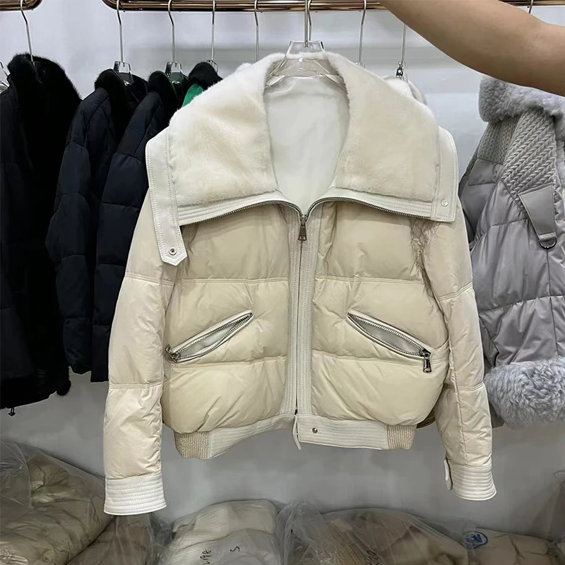 Casaco de gola de pele de vison real para mulheres, casaco quente, 90% ganso branco, casacos femininos grossos, streetwear, outono, inverno, novo,