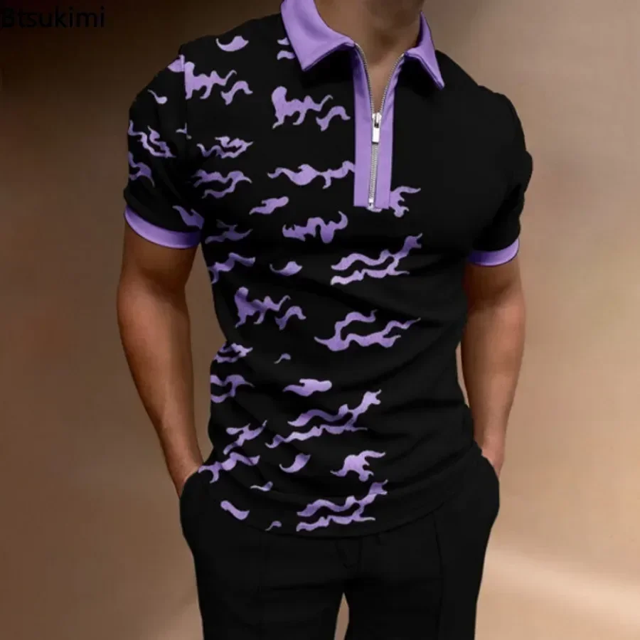 New 2026 Men's Summer Polo Shirt Striped Plaid Print Short Sleeve T-shirt Man Casual Business Tops Half Zip Lapel Pullover Male