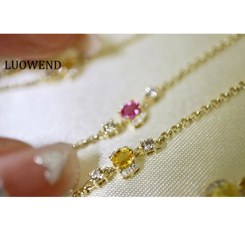 

LUOWEND 18K Yellow Gold Necklace Romantic Rainbow Design Real Natural Aquamarine Necklace for Women High Wedding Jewelry