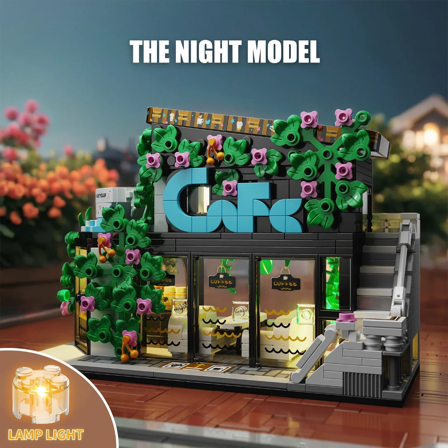 564PCS MOC 커피 꽃 집 빌딩 블록 모델 도시 스트리트 뷰 벽돌 세트 LED 조명 어린이 3D 퍼즐 교육 장난감 선물