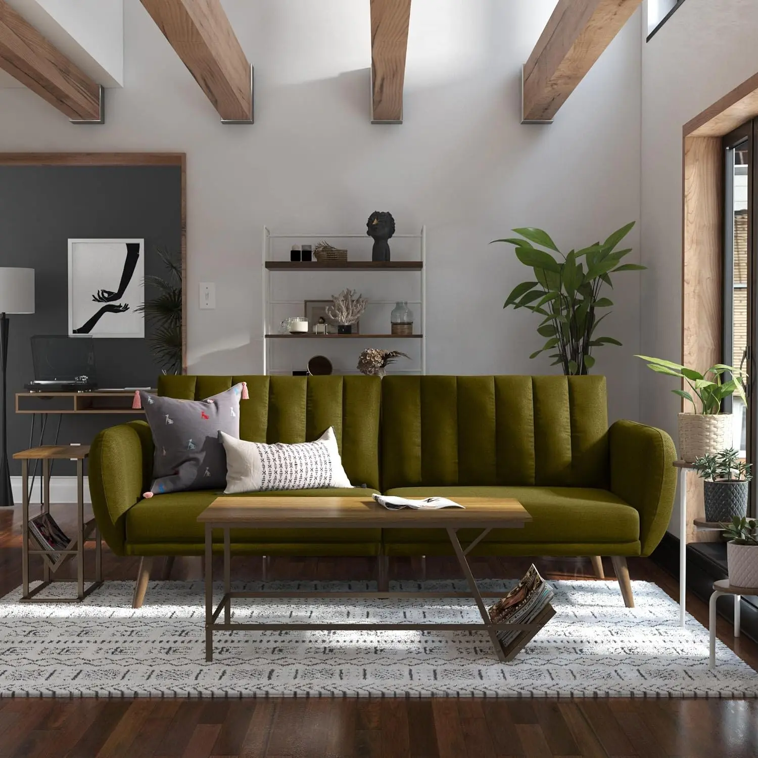 Sofa Futon,Upholstery and Wooden Legs, Green Linen