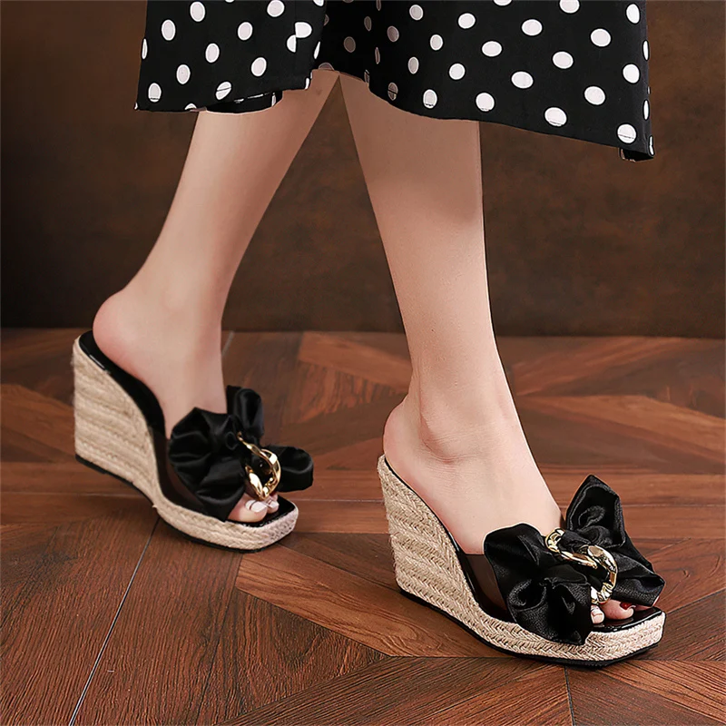 10cm Platform Wedge Slippers Women Shoes Flowers Peep Toe Sandals Girls Flip Flop Slides Femme Espadrilles Big Size 43 44 45 46