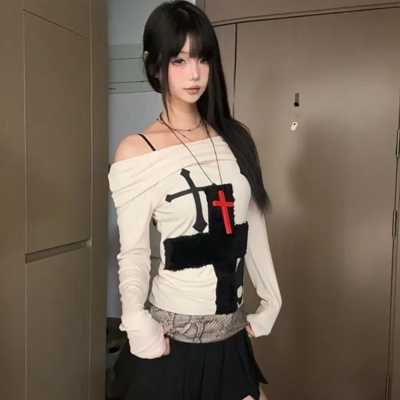 

Американский Harajuku Сексуальная женская одежда с открытыми плечами и длинными рукавами Y2k Subcultural Print Lazy T Shirt Готические топы в стиле панк