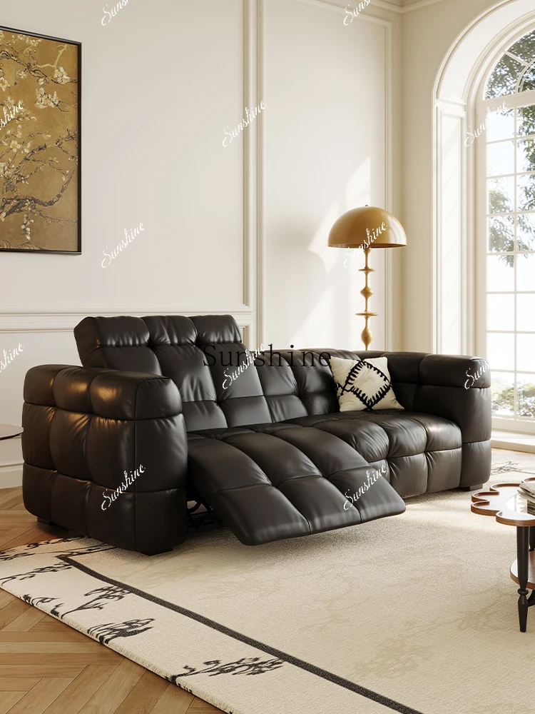 Pull-up leather sofa black retro style small apartment multi-functional home sofa  FT