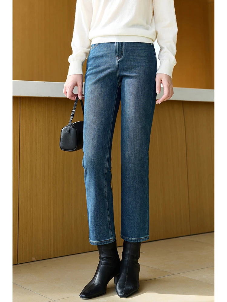 

Теплые джинсы на флисовой подкладке с высокой талией, прямые, из эластичного хлопка, стройнящие, удлиняющие ноги, зимние, комфортные, повседневные женские джинсы