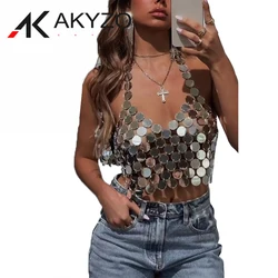 AKYZO Women's Silver Sequin Bra Tops Body Chain Backless Bikini Sexy Chest Acrylic Chain Look Festival Beach Vest Y2k