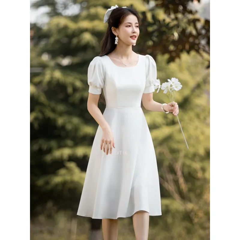 Light Luxury Satin Midi Wedding Dresses Temperament Dress Women's Summer White Photos Shoot Dress Simple Bridal Gown Customized