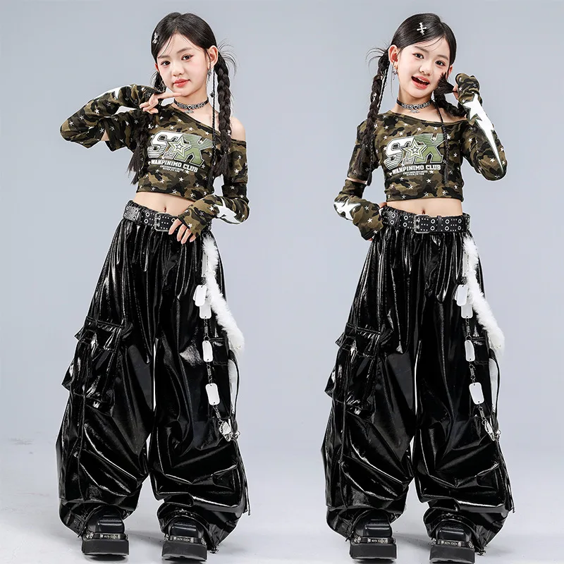 

New Jazz Modern Dance Costumes for Girls Crop Tops Pu Leather Pants Outfits Hip Hop Performance Stage Clothes Group Stage Wear