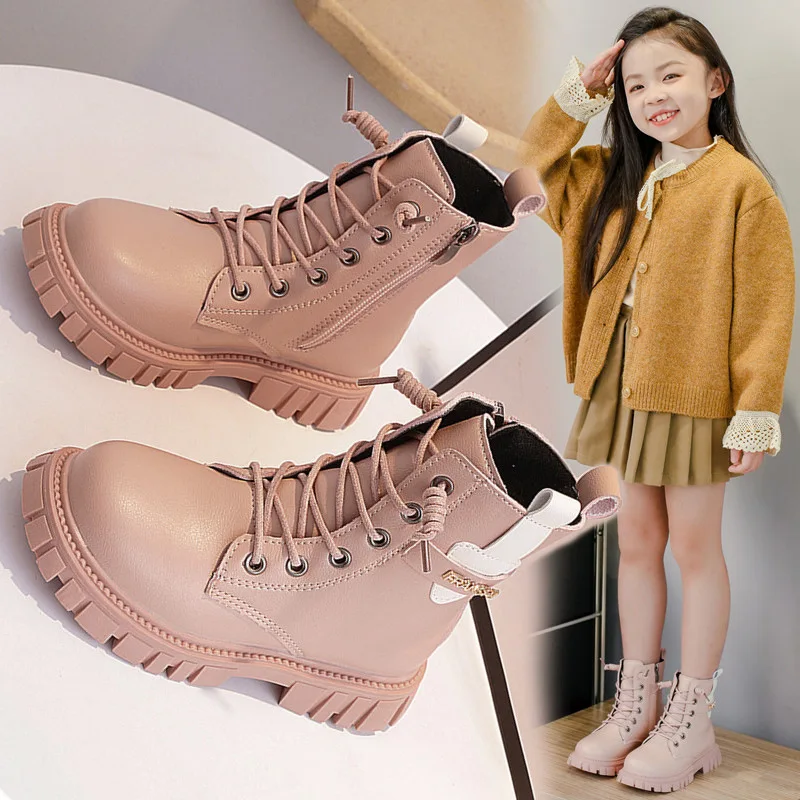 Children Fashion Boots for Girls Solid Color Versatile Non-slip Cool Britain Side Zipper Non-slip Autumn Winter Children Boots