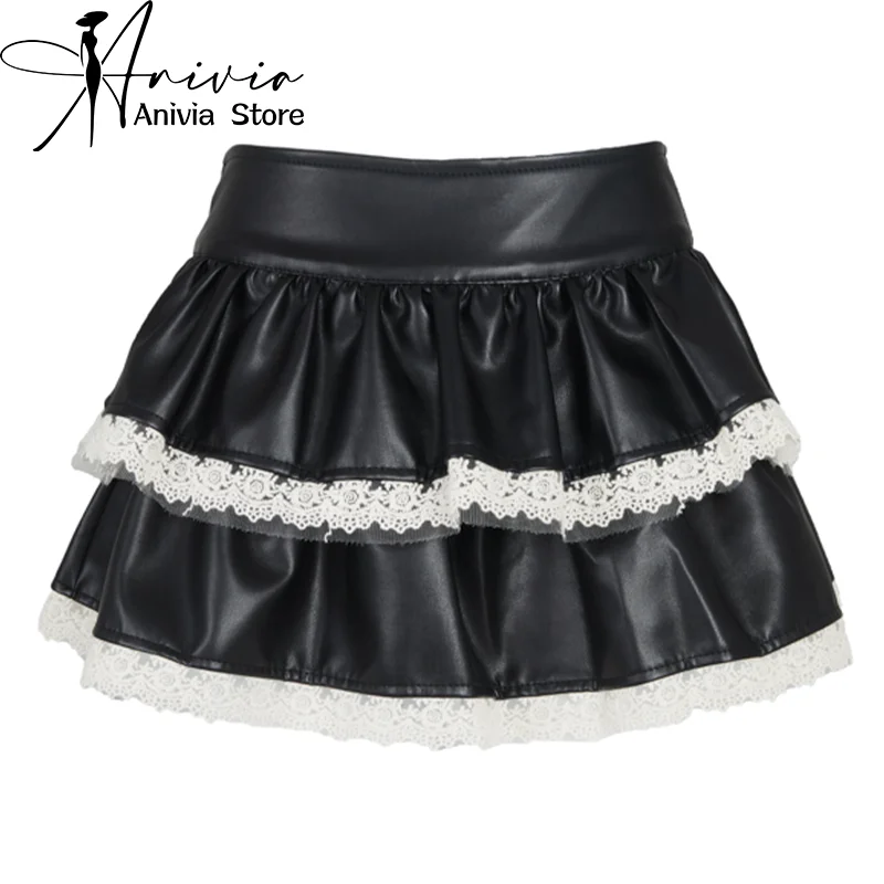 

Women's Lace Edge Cake A-line Half Skirt Y2K Japanese Harajuku High Street College 2000s Retro Mini PU Leather Skirt Clothing