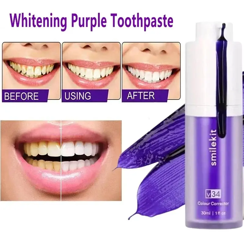 V34 Purple Whitening Toothpaste Remove Stains Reduce Yellowing Care For Teeth Gums Fresh Breath Brightening Teeth 30ml