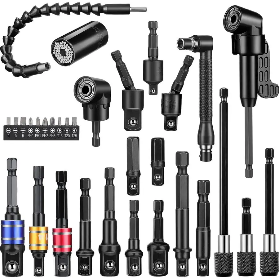 

Pieces Flexible Drill Bit Extension Set Including 105 Right Angle Drill Attachment 1 4, 3 8, 1 2 Inch Hex Adapter Socket Bendabl