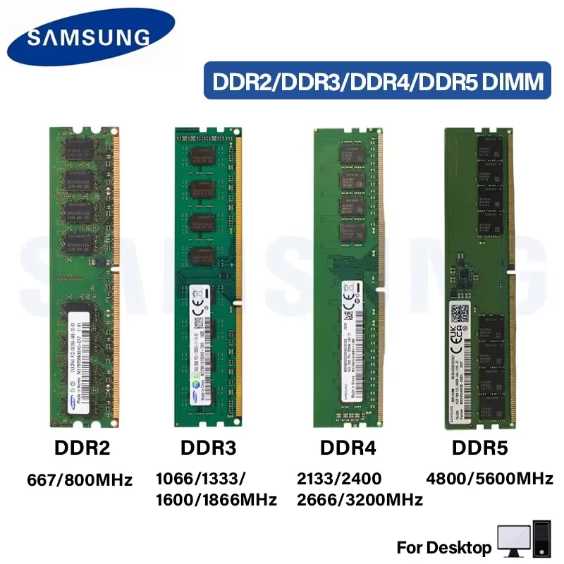 Samsung Desktop Memoria DDR2 667 800MHz DDR3 1066 1333 1600 1866MHz DDR4 2133 2400 2666 3200MHz DDR5 4800 5600MHz Dual Channel