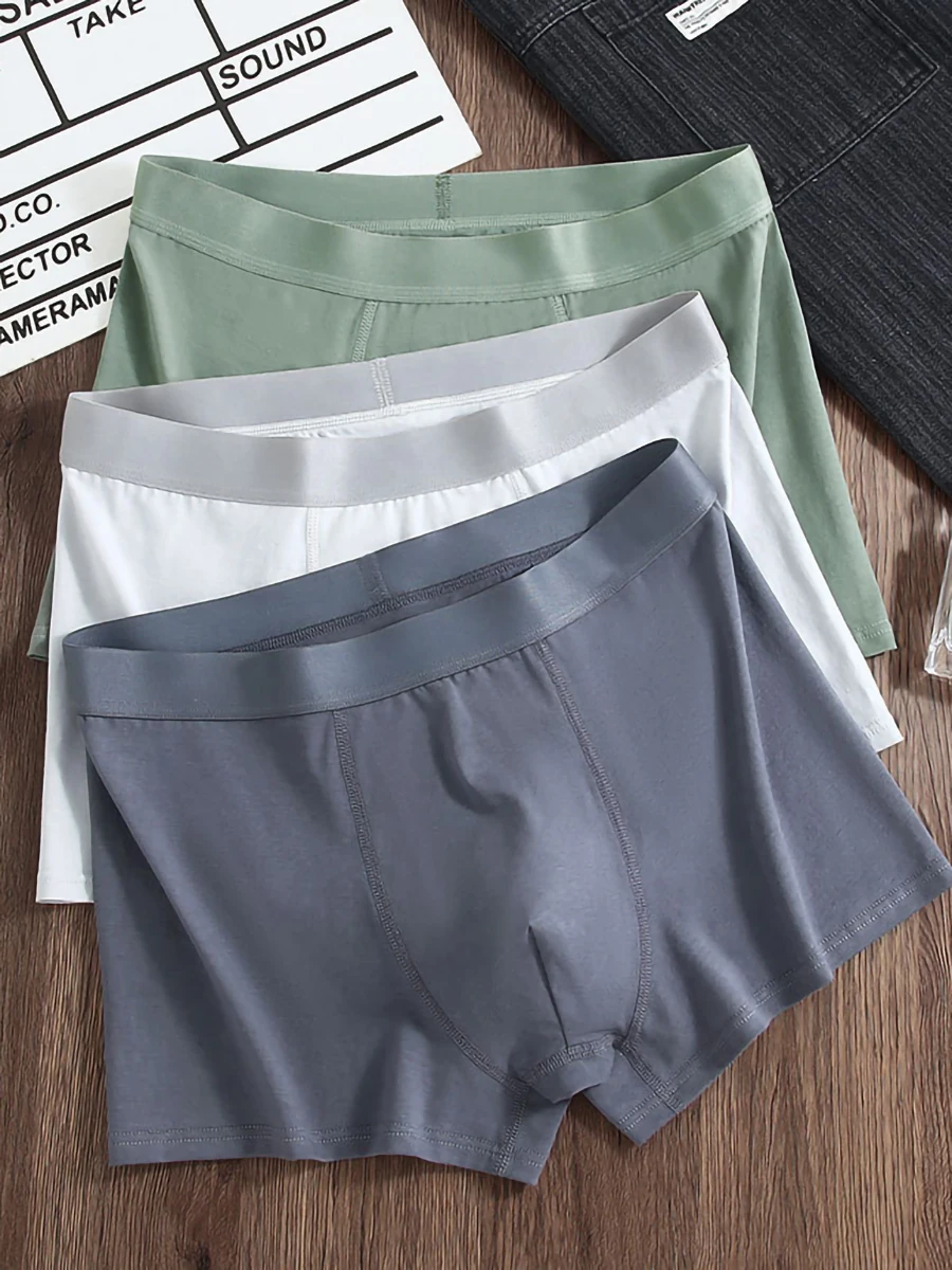 

3-Piece Men's Cotton Smooth Boxer Briefs Set - Solid-Color Low-Profile Underwear (Green/White/Gray)