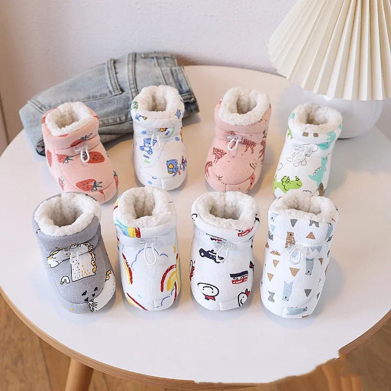 Winter Style 0-1 Year Old Cartoon Casual Anti Fall Baby Shoes With Plush Warm Snow Boots and Soft Soled Baby Walking Shoes