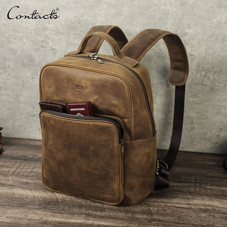 CONTACTS Large Capacity Vintage Shoulder Bag Crazy Horse Leather Men Travel Laptop Casual Sports Backpacks for 16'' Laptop