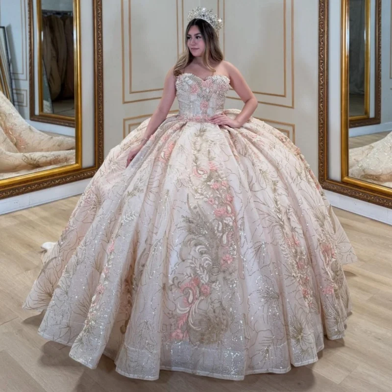 

Light Pink Shiny Princess Off the Shoulder Sweet 16 Dress Quinceanera Dresses Sequin Applique Lace Beads Tull Party Birthday Ves