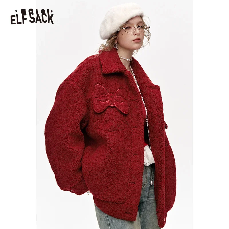 ELFSACK 2024 Winter New Arrivals Sweet bow plush red lapel thick coat for women