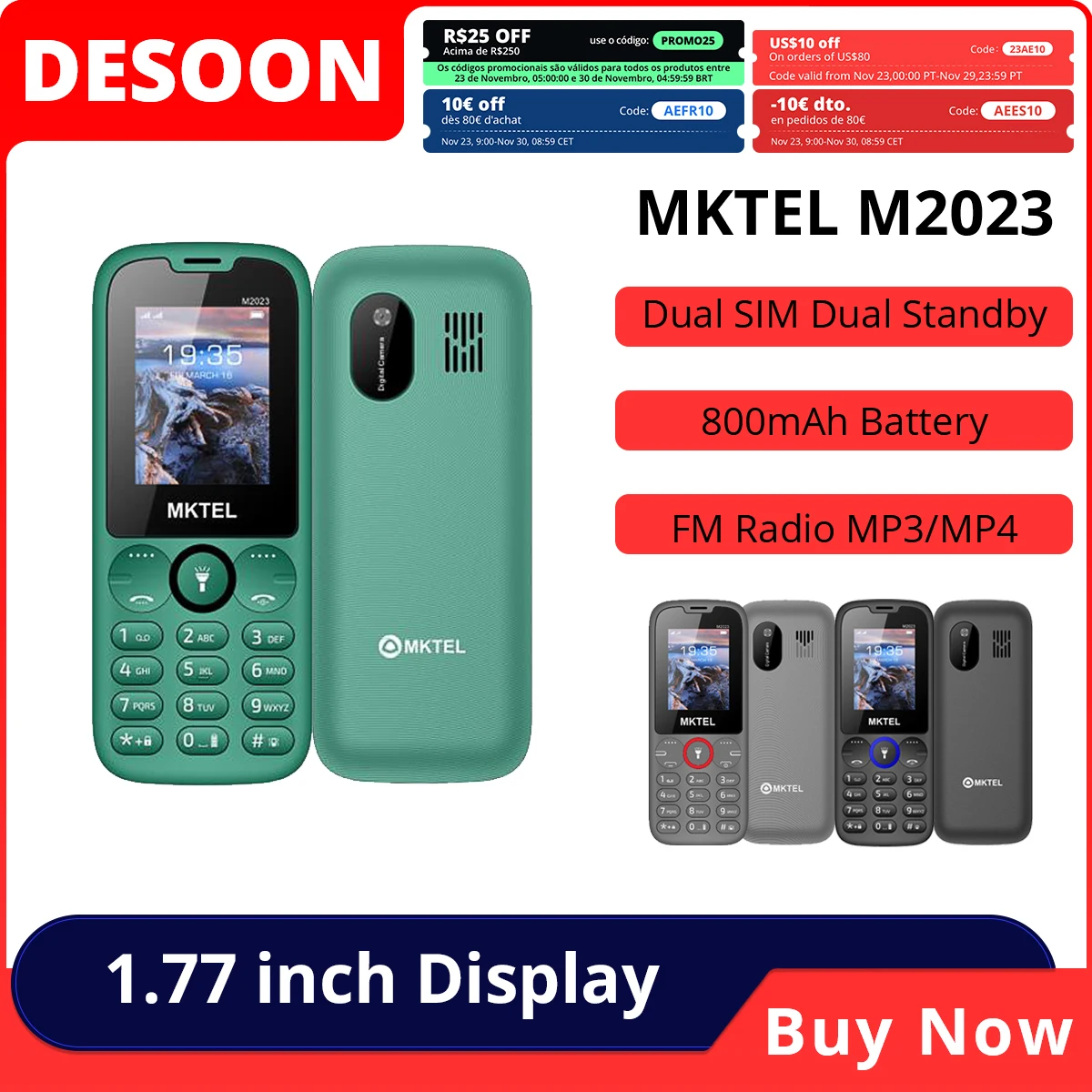 ميزة MKTEL M2023 مع شاشة عرض 1.77 بوصة وبطارية 800 مللي أمبير في الساعة ثنائي الشريحة وراديو FM ومصباح يدوي وكاميرا 0.08 ميجا هاتف كبير
