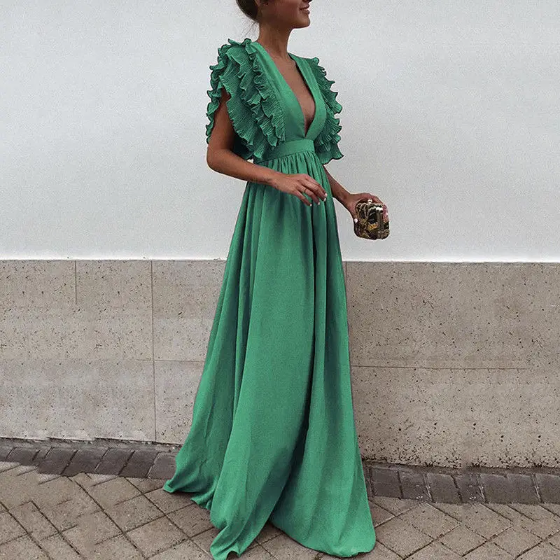 

Formal Party Dress Women Deep V-Neck Long Dress Elegant Flying Sleeves Backless Maxi Evening Dresses Robe De Soiree