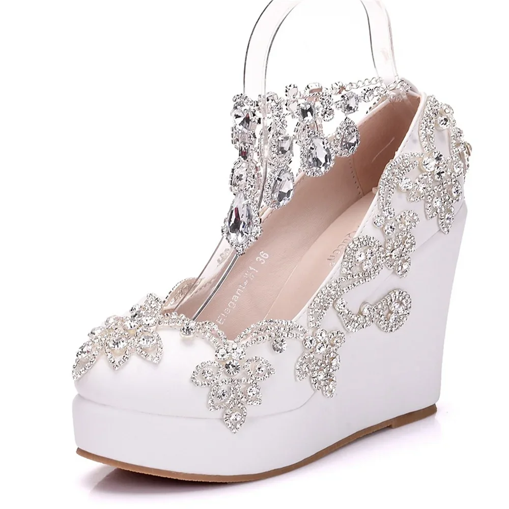 Rhinestone Bride Wedding Shoes Woman Ankle Strap Wedges High Platform Pumps High Heels Party Rhinestone Round Toe Wedges 11 CM