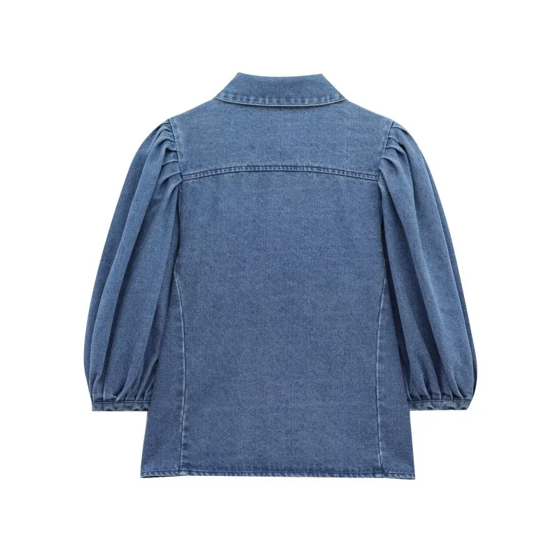2025 ريترو قميص دينيم المرأة المتضخم نفخة الأكمام زر أسفل خمر بلوزة زرقاء الربيع الصيف اليومية بوهو الزي