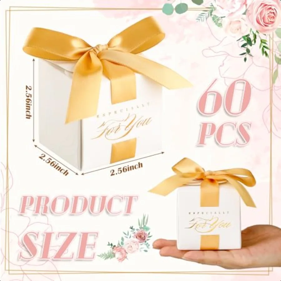 60 Pcs Kotak Souvenir Pernikahan Mini 2.5 x 2.5 x 2.5 Inci dengan Pita Emas
