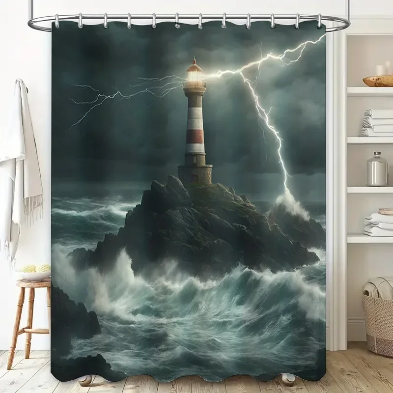 Lightning Strike Lighthouse Shower Curtain Waterproof Decorative Bathroom Liner 3D Printed Bath Accessories Dark Blue Storm SeaV