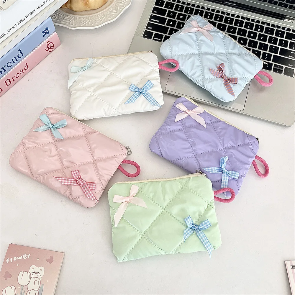 Pearlescent Bow Coin Purses Small Coin Wallet Lady Girls Earphone Coin Key Lipstick Money Storage Bag Portable Zipper Pouch