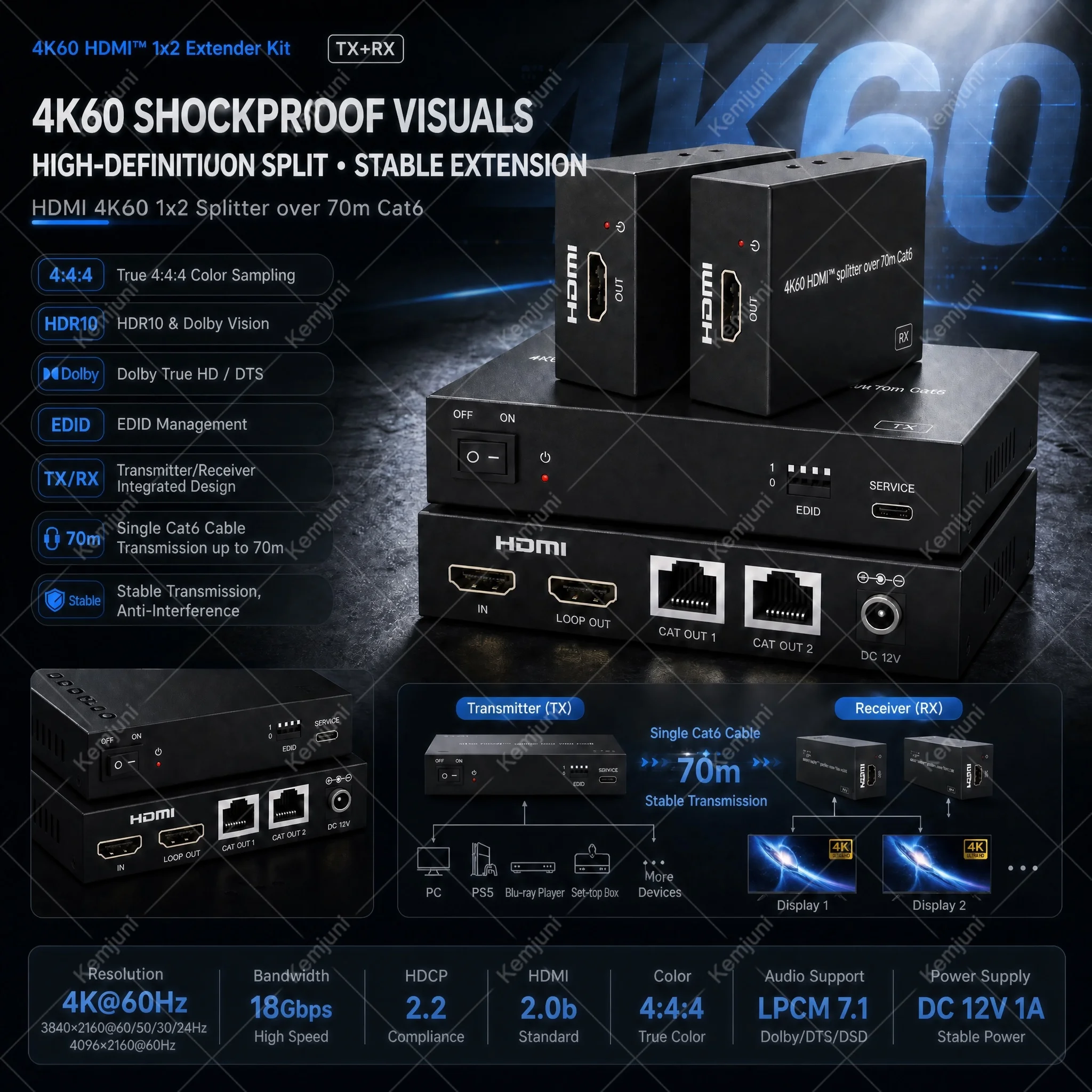 HD 4K60 1x2 HDMI Over CAT Extender 1x4 1x8 70M Transmission Intelligent CAT6 Network Cable EDID Management Supports PoC Function