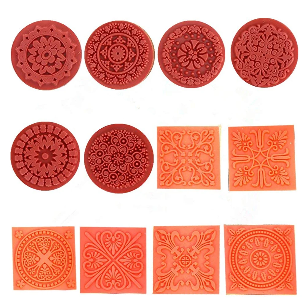 Wooden Emboss Stamps Floral Pattern Round Square Baroque Mandala Lace Texture Rubber Stamp for Ceramic Pottery Polymer Clay Tool