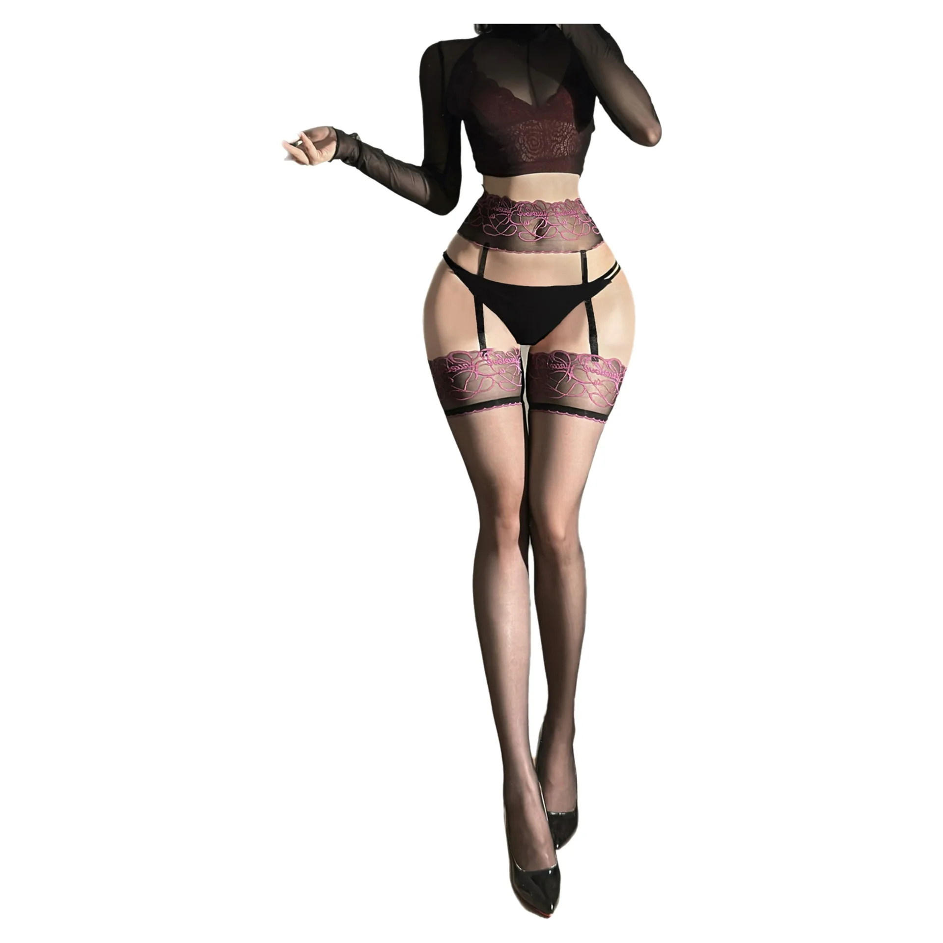 

Sexy Ultra-Thin Aurora Pantyhose With Garter Belt Lace Embroidered Over-the-Knee Black Pantyhose Smooth Pure Desire Elegant WI66