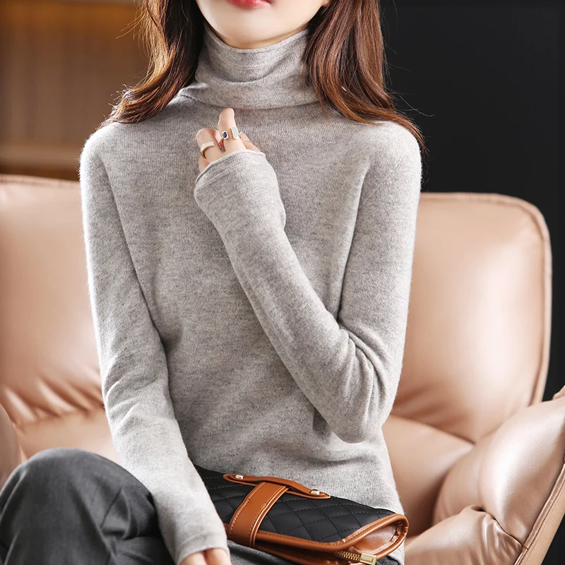 

2023 Autumn/Winter Women's New Pullover Casual Solid 100% Wool Knitted High Neck Sweater Fashion Soft Breathable Top