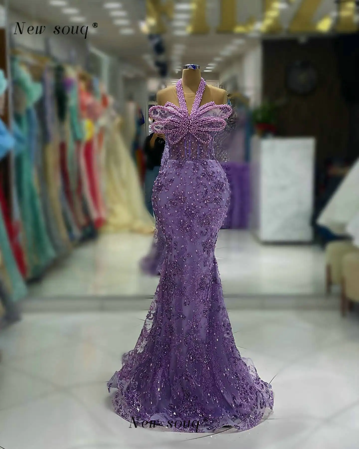 Vestidos de Noche de sirena con cuello Halter y cuentas de perlas púrpuras, corsé largo sin mangas, deshuesado, elegante, fiesta de boda y graduación