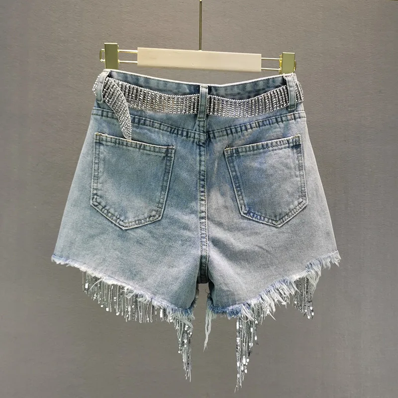 Schwere Perlen Pailletten Fransen zerrissene Jeans shorts Frauen Sommer tragen neue hohe Taille abnehmen weites Bein Hot pants Quaste Shorts