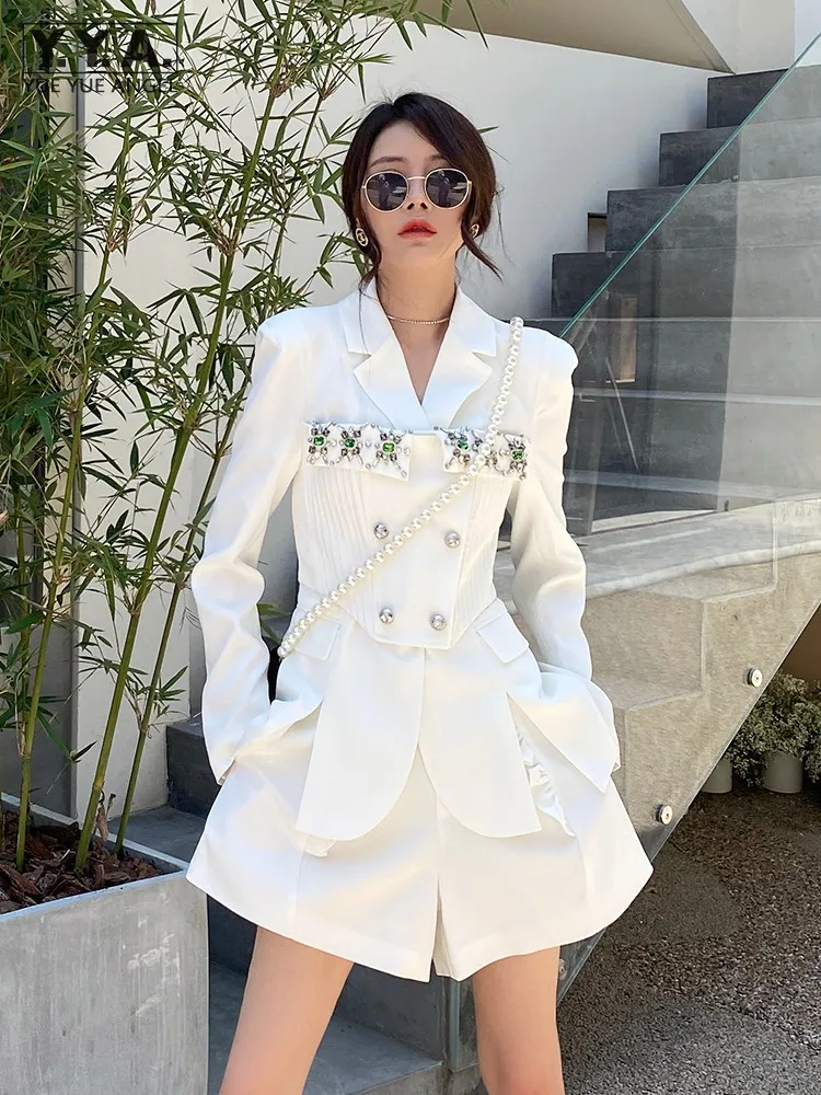 Office Ladies White Suit Set Women Wide Leg Shorts Diamonds Blazer Jacket Two Pice Sets Spring Double Breasted Slim Fit Outfits