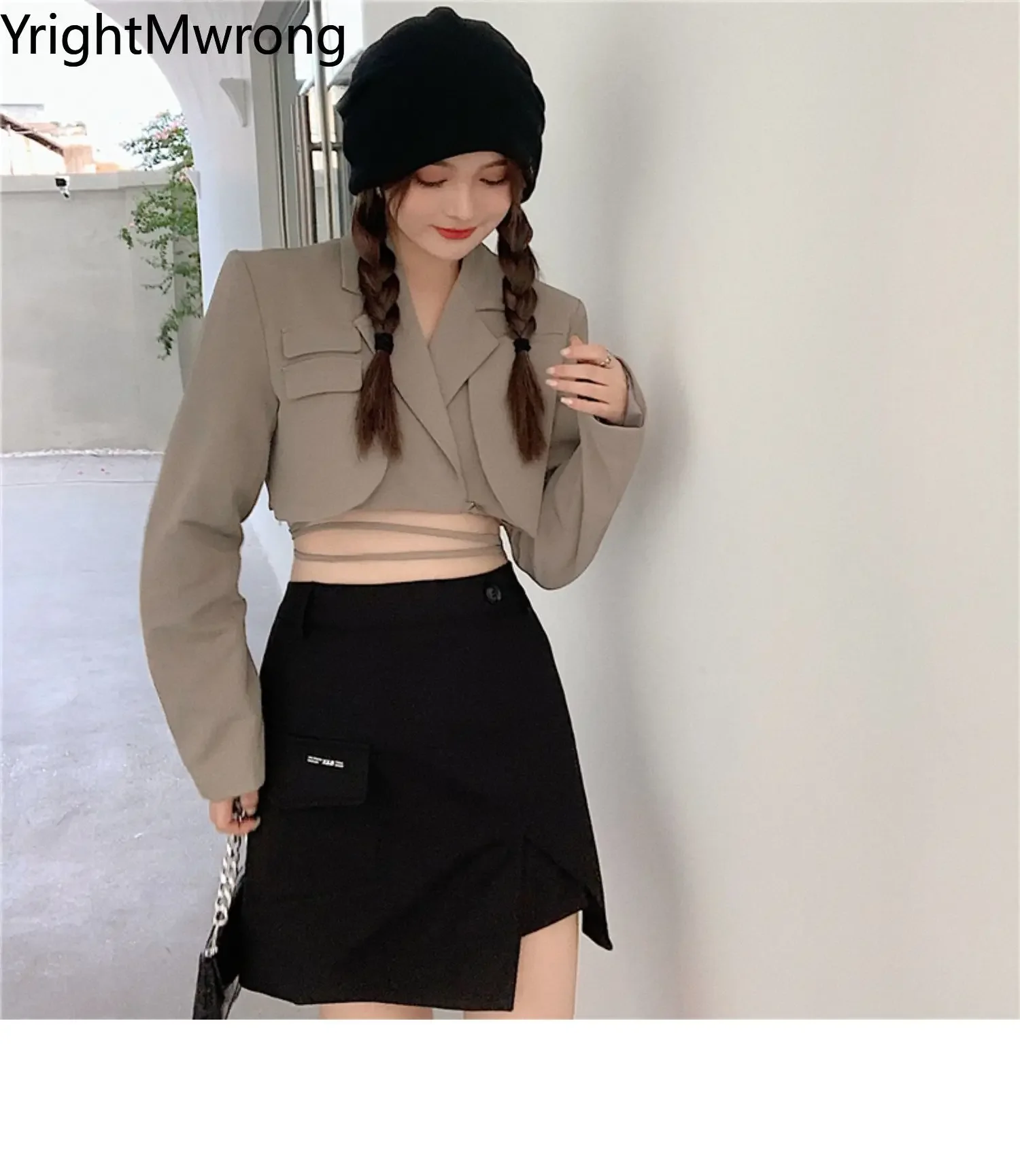 Cross Waist Lace-Up Short Lapel Blazer Sexy Slim Crop Top Women Korean Fashion Outfit Coat Chaqueta Fall y2k Korean Cloth Ladies