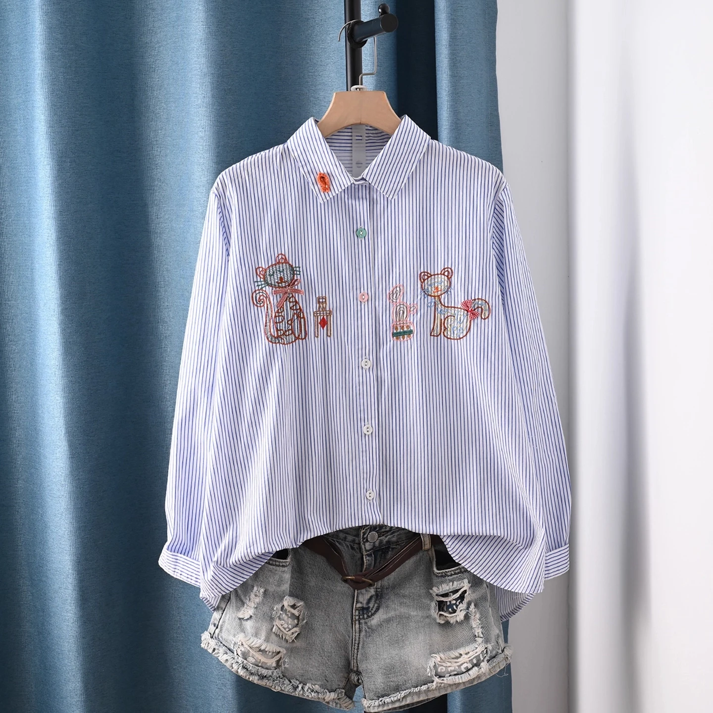 

Enianechu Autumn Clothes Korea Ladies Original Designer White Blue Striped Shirts Cartoon Animal Embroidered Long Sleeve Blouses
