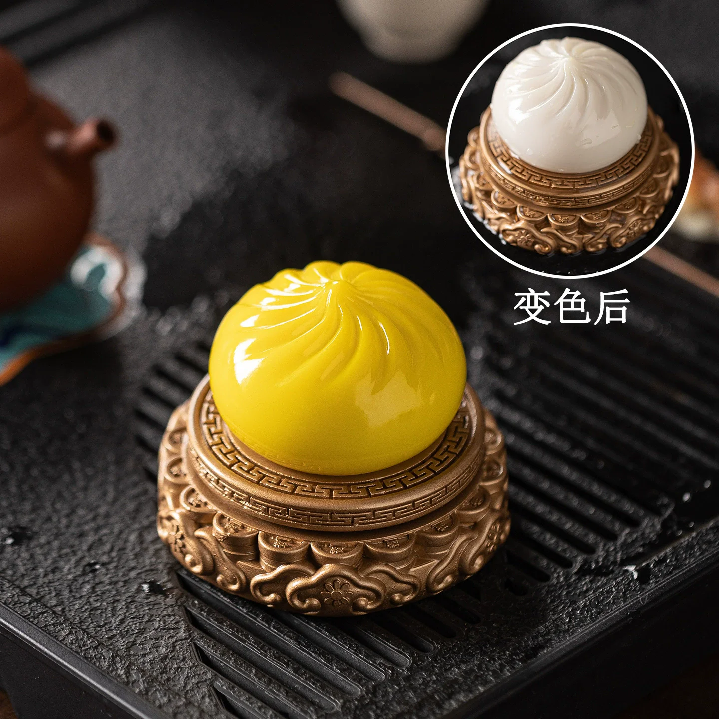 

Color Changing Bao Bun Tea Pet, "Luck in Turn" Steamed Bread Ornament, Raisable Ceramic Decor for Tea Table, Tea Set Accessory
