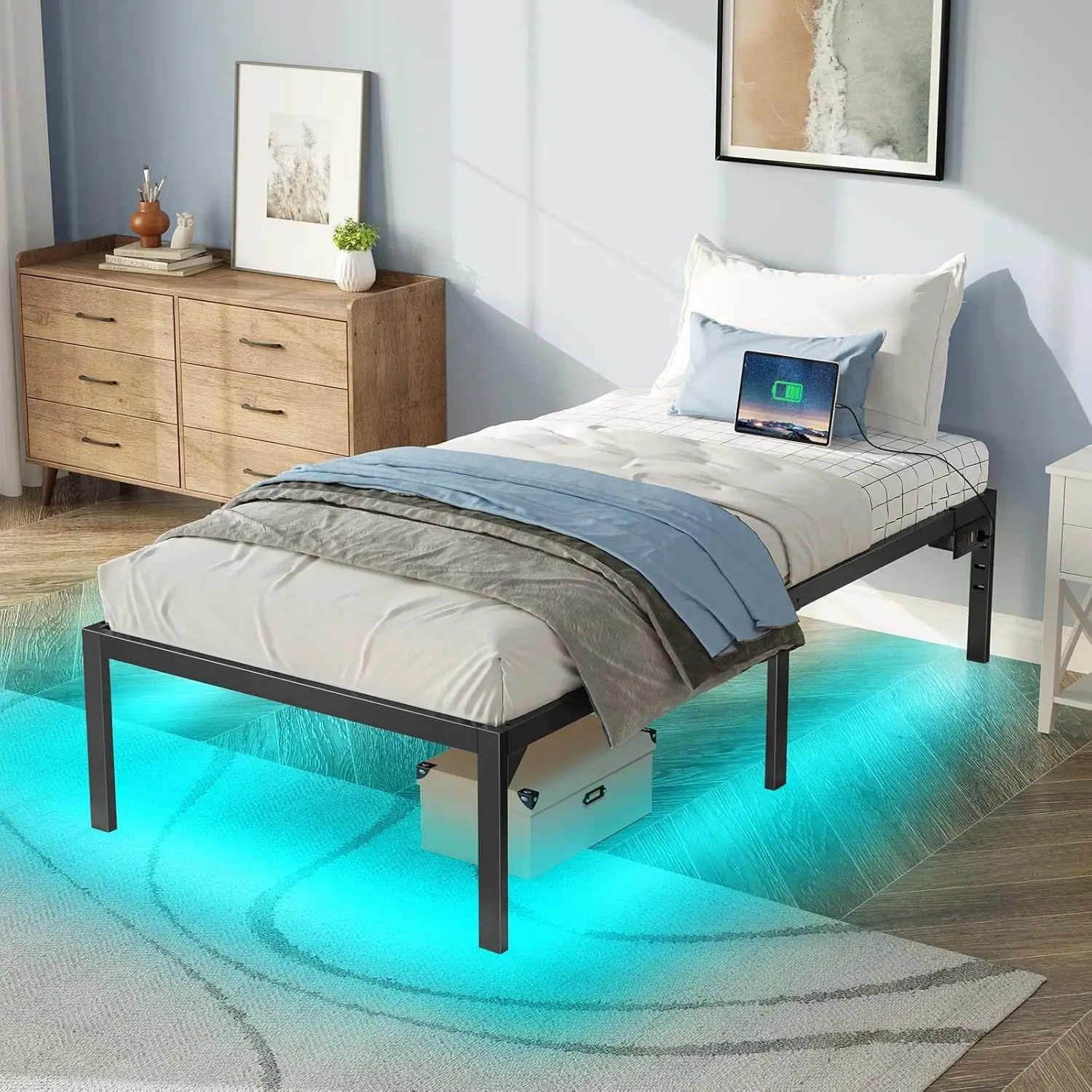 Cadre de lit avec station de charge USB, lit jumeau avec lumières LED, cadre de lit à plateforme avec lamelles en acier rapide, 1