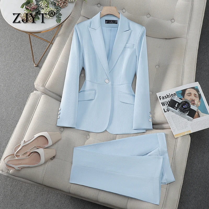 

ZJYT Elegant Women Pant Sets 2 Pieces Womens Outfit 2025 Spring One Button Business Formal Blazer Trosuers Suit Plus Size Female