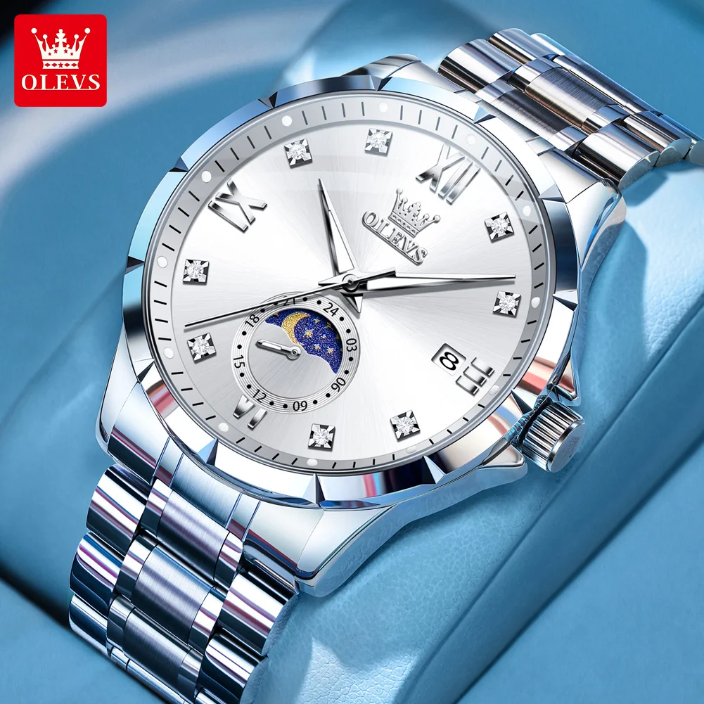 

OLEVS Moon Phase Man Watch Solid Steel Strap Auto Date Hand Clock Luxury Diamond scale Original Quartz Men's Wrist Watches 2956