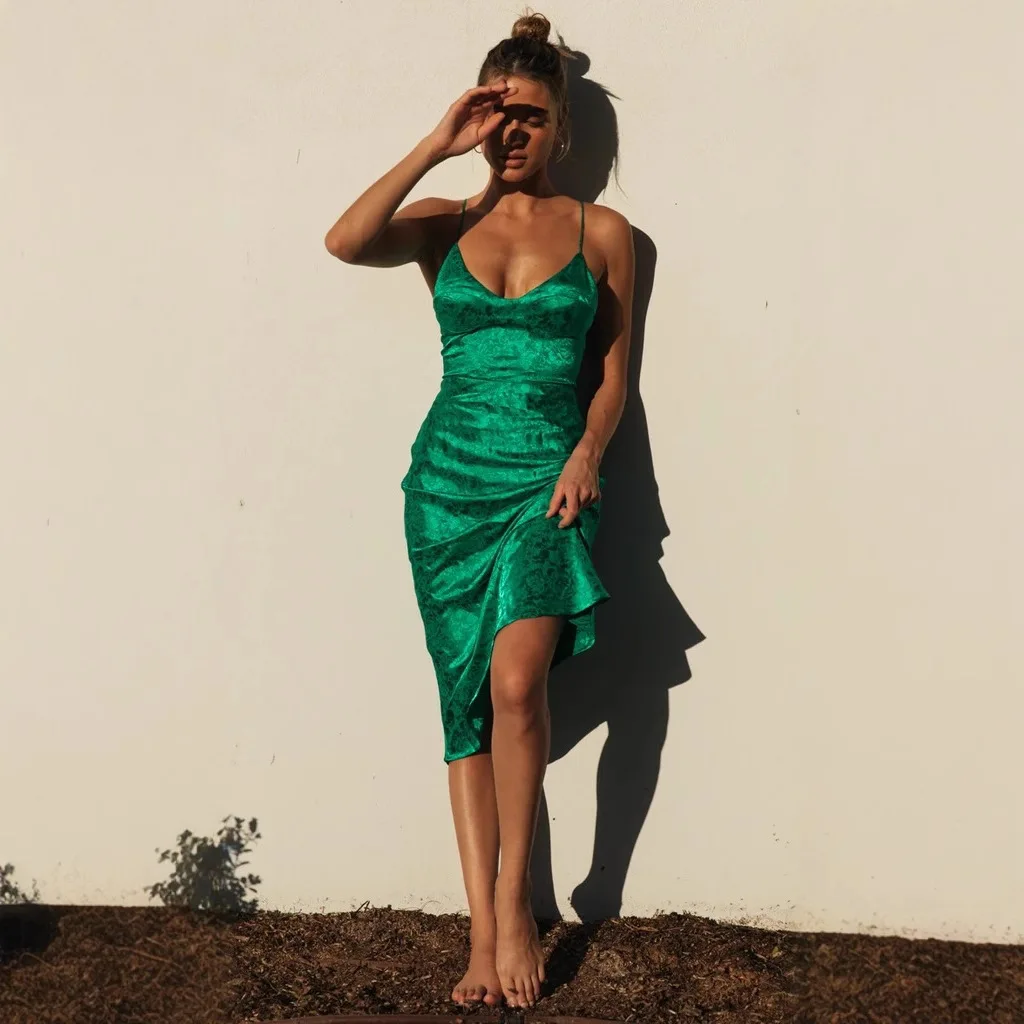 2025 Summer New Satin Bodycon Deep V Sexy Strap Dress 8706
