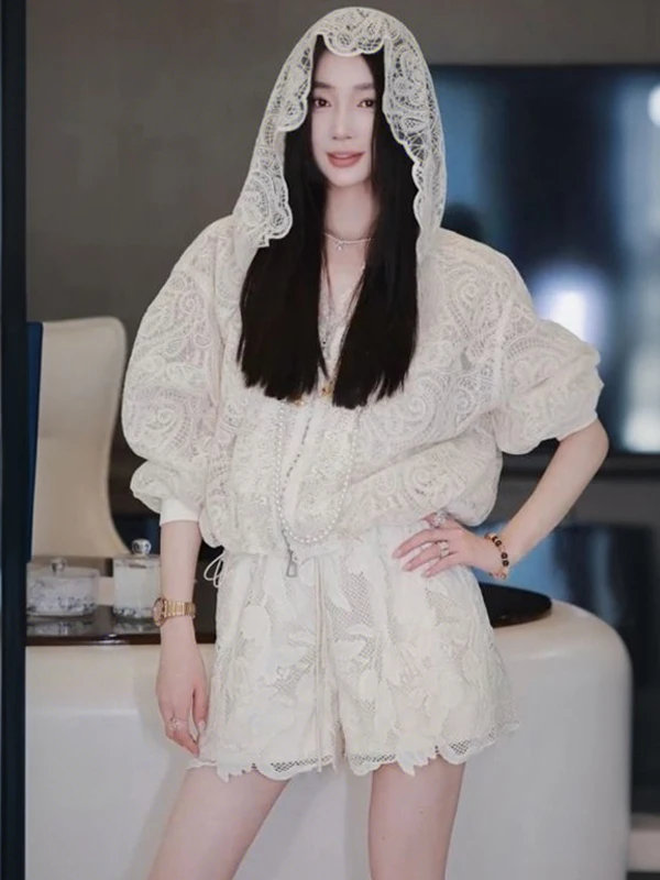 

Unique Beautiful Casual Fashion Set Women's Spring 2026 Trendy Lace Jacket Top Shorts Two-Piece Set Cotton Long Sleeve Zipper
