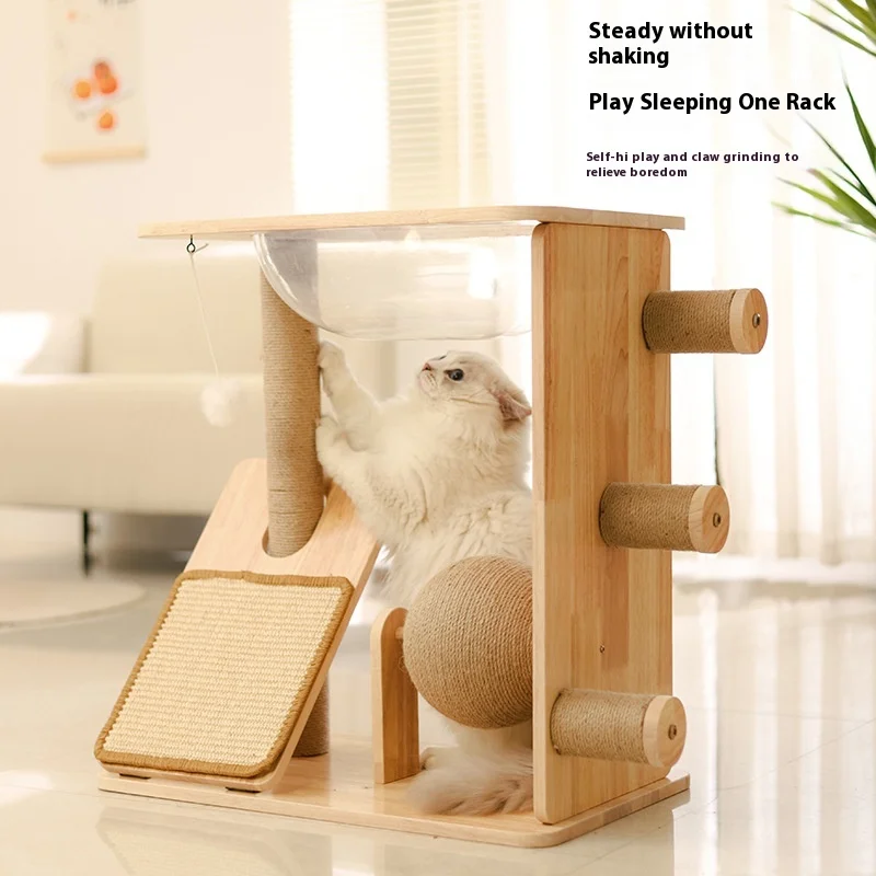 

Innovative Solid Wood Cat Tree Tower with Interactive Sisal Ball, Viewing Platform, and Space Capsule for Active Indoor Cats