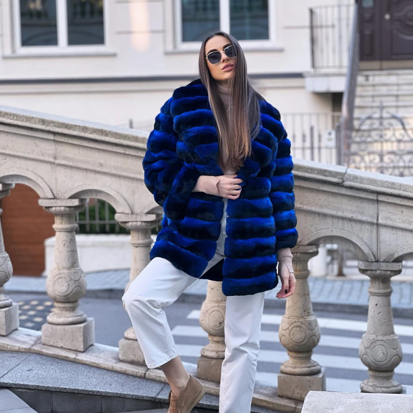 Fashion Blue Rex Rabbit Fur Coat Natural Women Thick Warm Fur Overcoat with Lapel Collar Luxury Woman Real Rex Rabbit Fur Coats