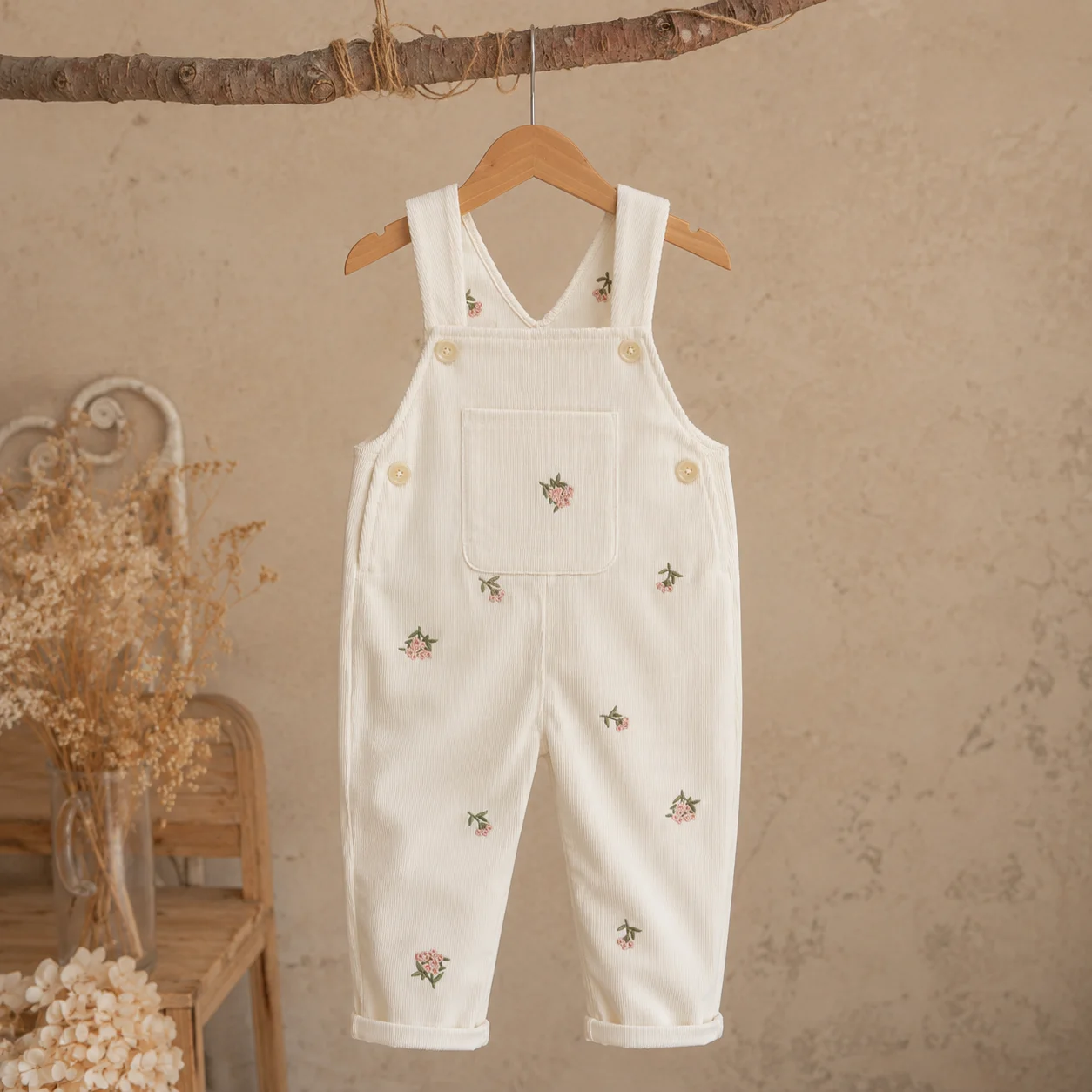 Baby Corduroy Overalls Floral Embroidery Suspender Pants Toddler Girls Vintage Spring Autumn Casual Jumpsuit Trousers