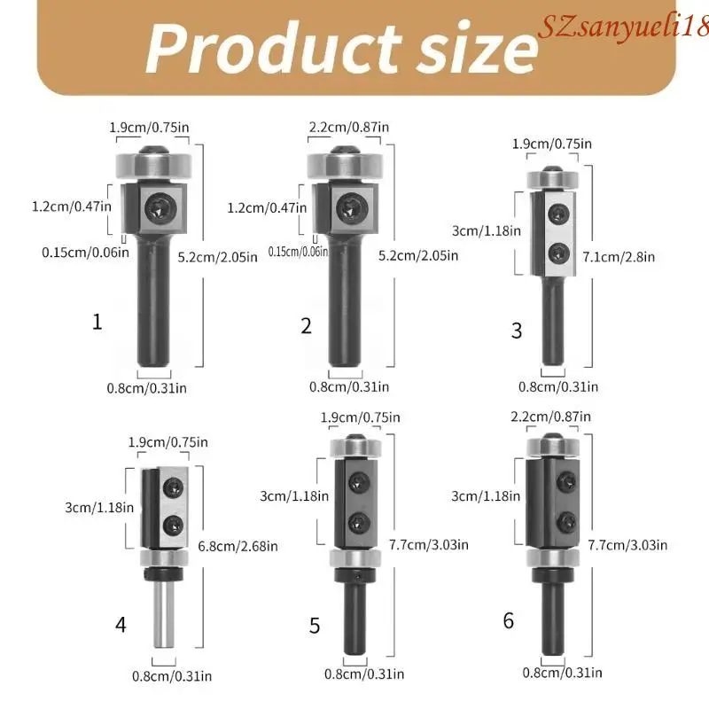 94pc Muster Flush Trim Router Bit 8mm Schaft, oberes Lager Flush Gerade geschnittene Trim -Router Bit für Holzbearbeitung