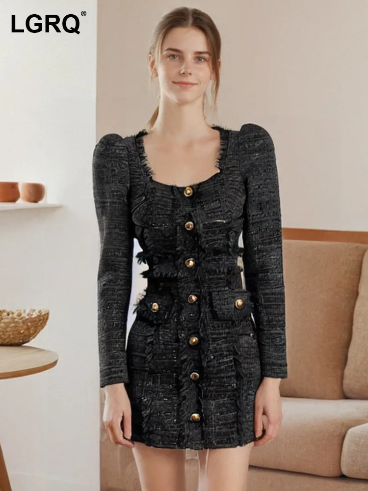 

LGRQ Women's Minimalist Tweed Dresses Square Collar Single Breasted Long Sleeve Elegant Dress Female Autumn 2024 New 36A3343