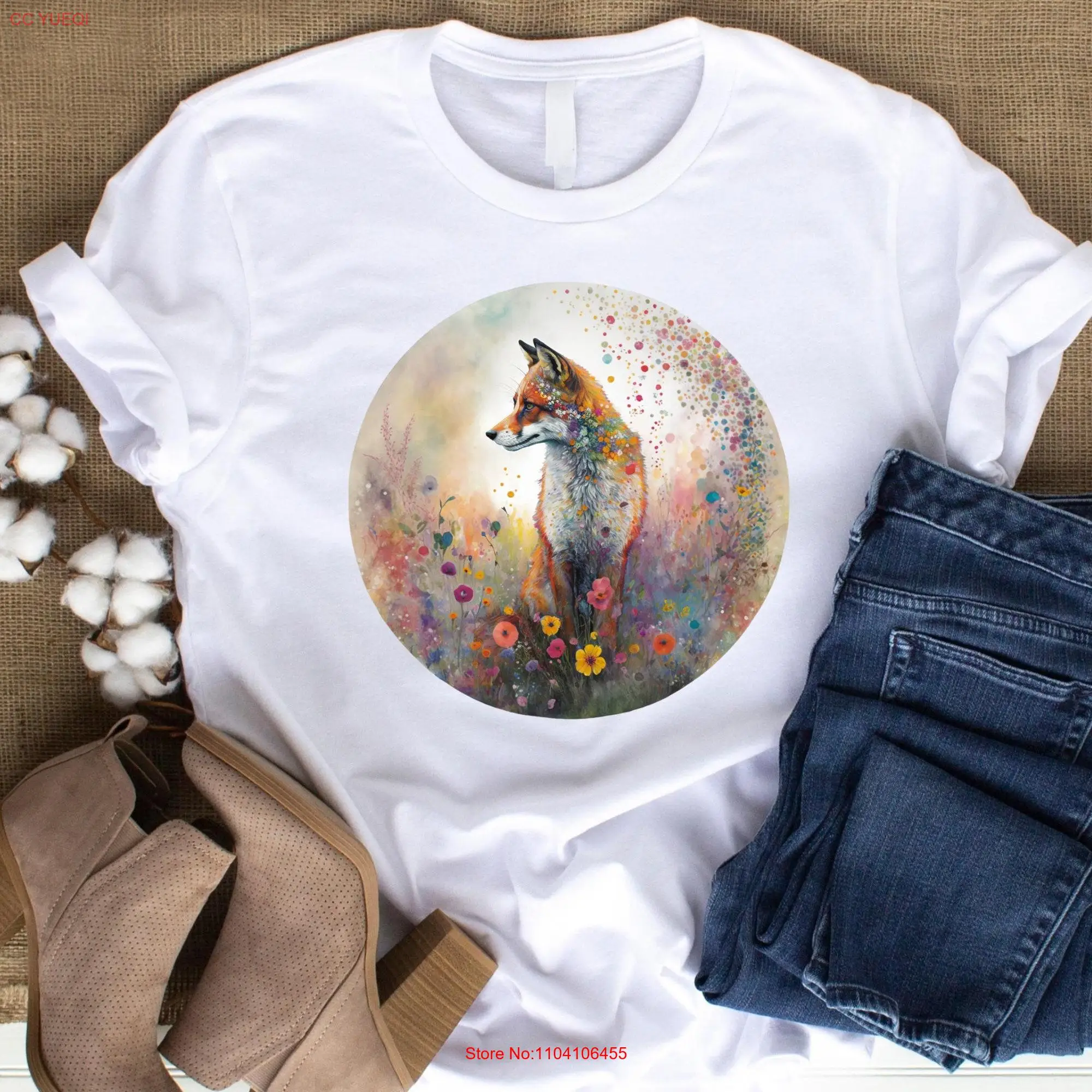 Floral Fox T Shirt  Circular Design Wildflowers Nature for Animal Lover long or short sleeves